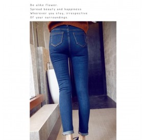 Autumn Women High Waisted Slim Solid Denim Pants Single Breasted Pencil Pants