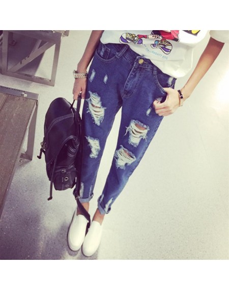 Ankle-Length Denim Jeans Personality Ripped Holes Design Haren Jeans for Women