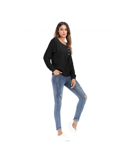 Round Neck Long-sleeved Shirt With Button Decoration Black 3XL
